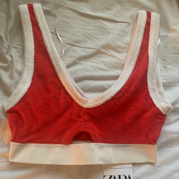 Zara Women's red & white Terry Cloth cotton crop top size s with keyhole - Picture 1 of 4